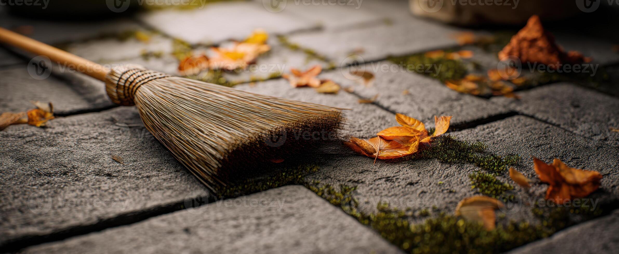 The broom resting on a cobbled path surrounded by fallen autumn leaves. photo