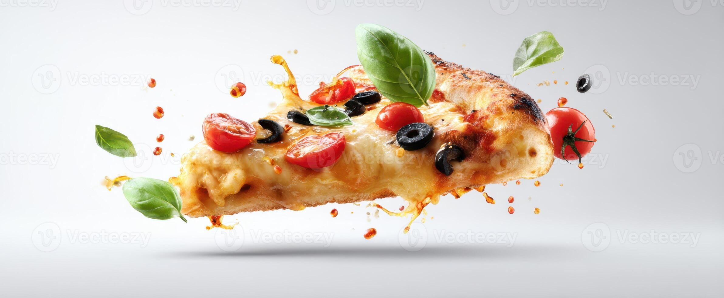 The delicious floating slice of pizza with fresh ingredients and vibrant colors. photo