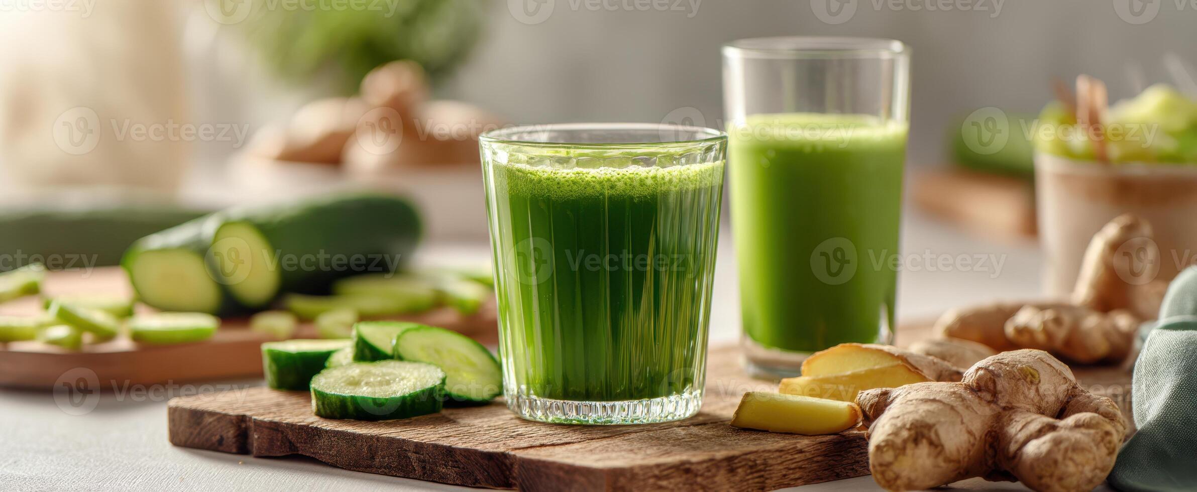 The refreshing green juice made with cucumber and ginger on a wooden board. photo