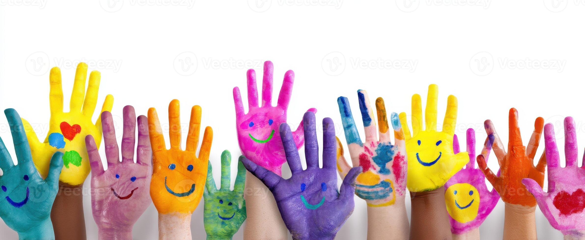 The vibrant display of colorful painted hands showcasing joyful expressions. photo