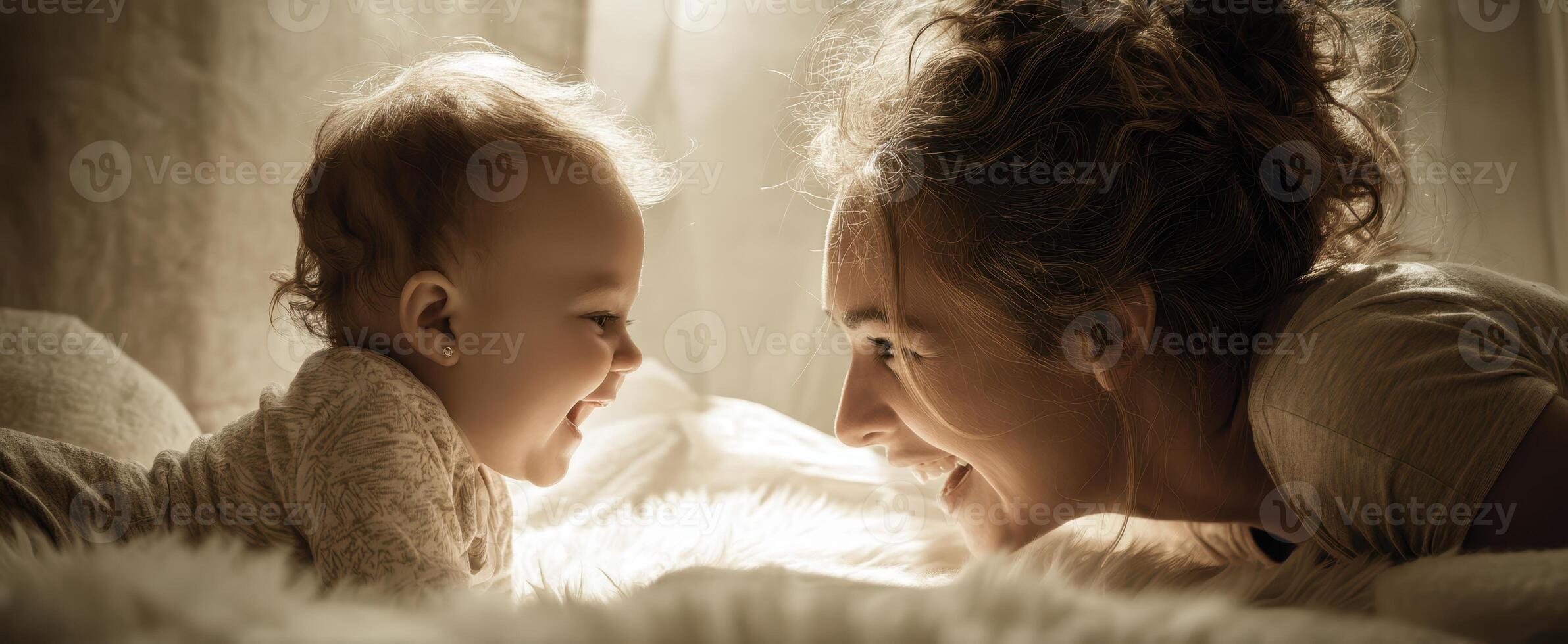 The joyful interaction between a mother and her baby in a cozy environment. photo