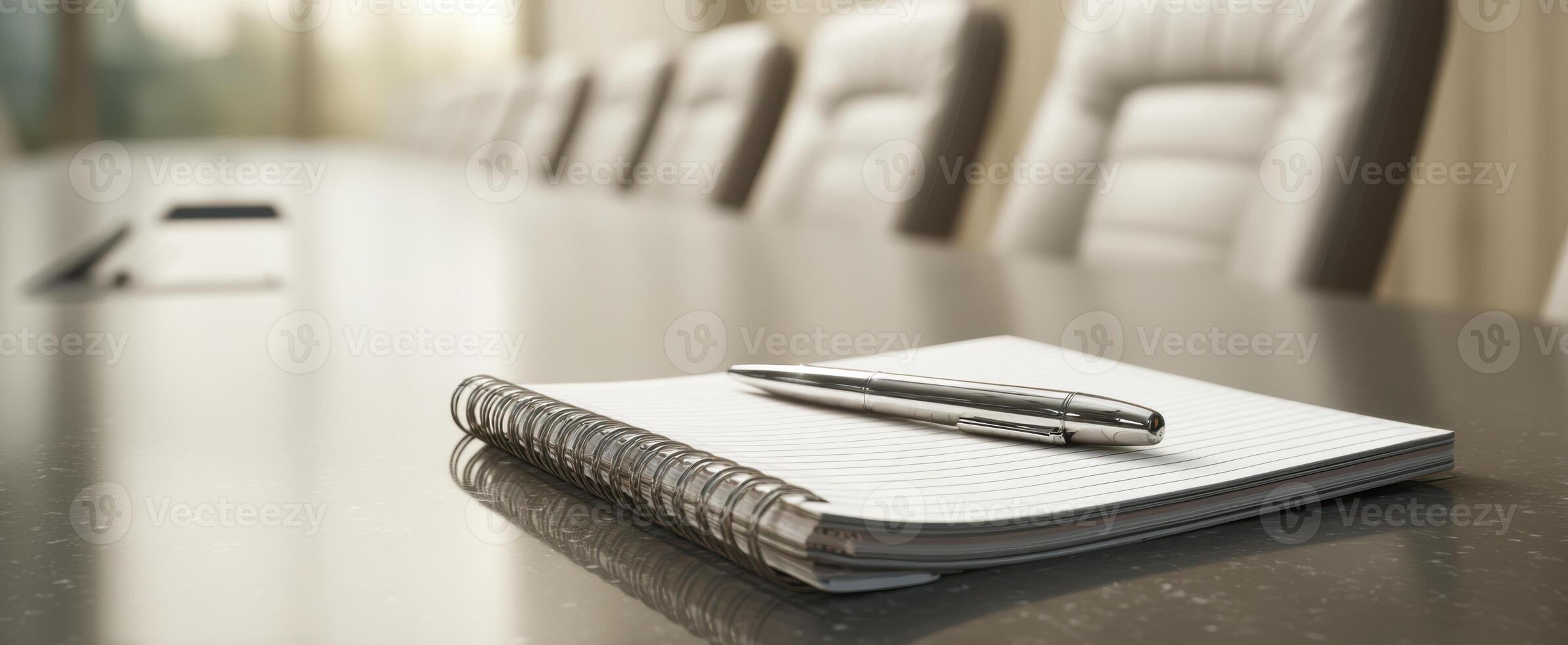 The elegant meeting space featuring a notebook and pen for collaboration. photo