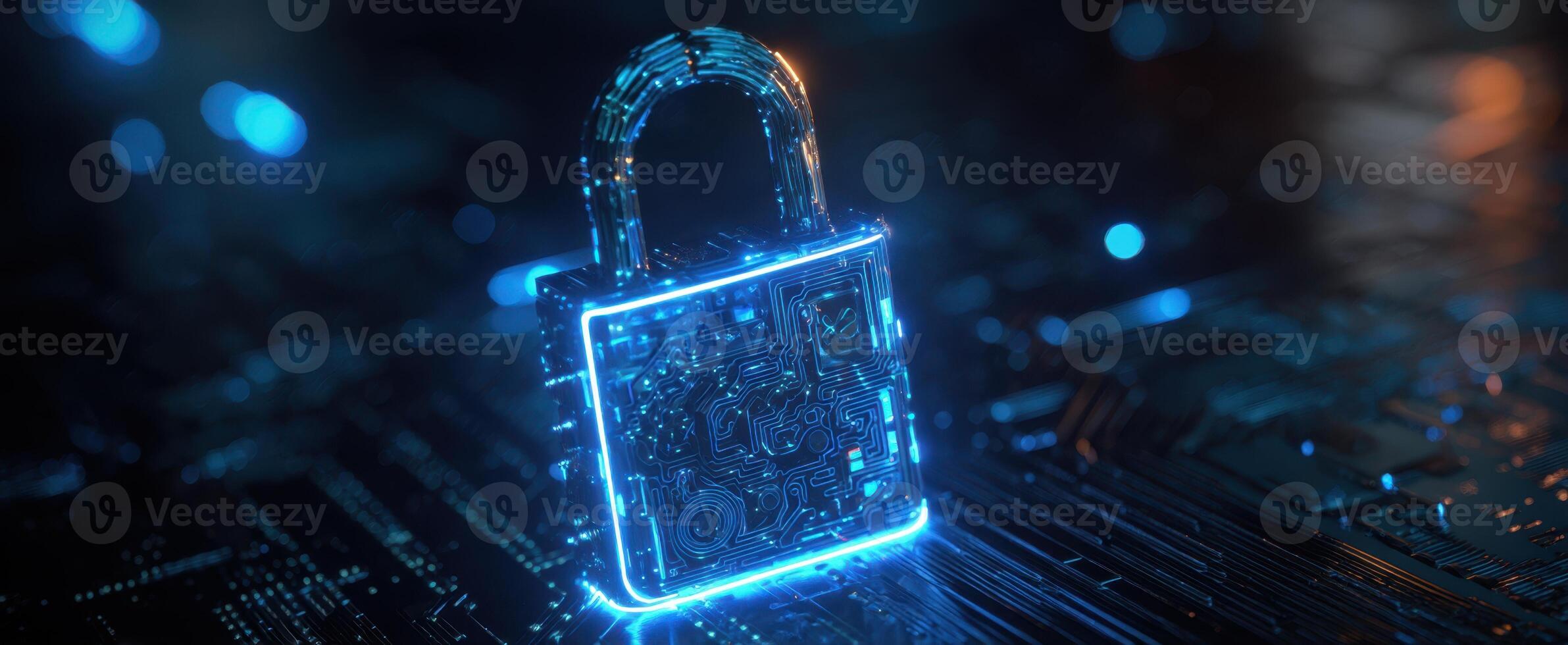 The glowing digital padlock over an abstract network background. photo