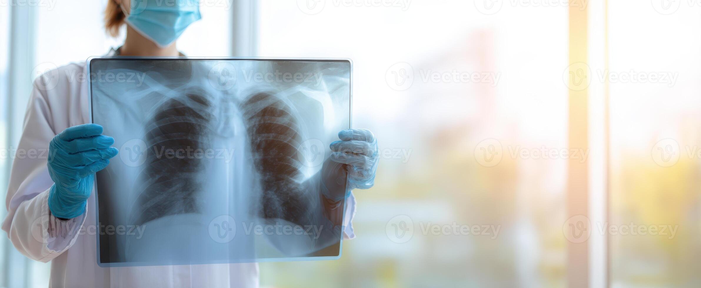 The medical professional examining a detailed lung X-ray in a bright clinic. photo