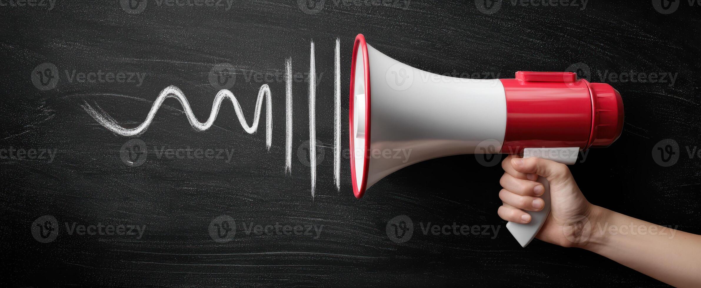 The megaphone signaling communication and engagement on a chalkboard backdrop. photo