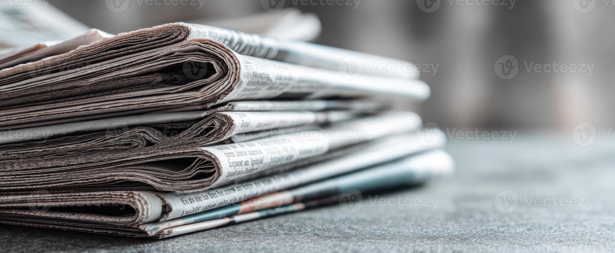 The stack of newspapers showcasing various articles and headlines on a table. photo