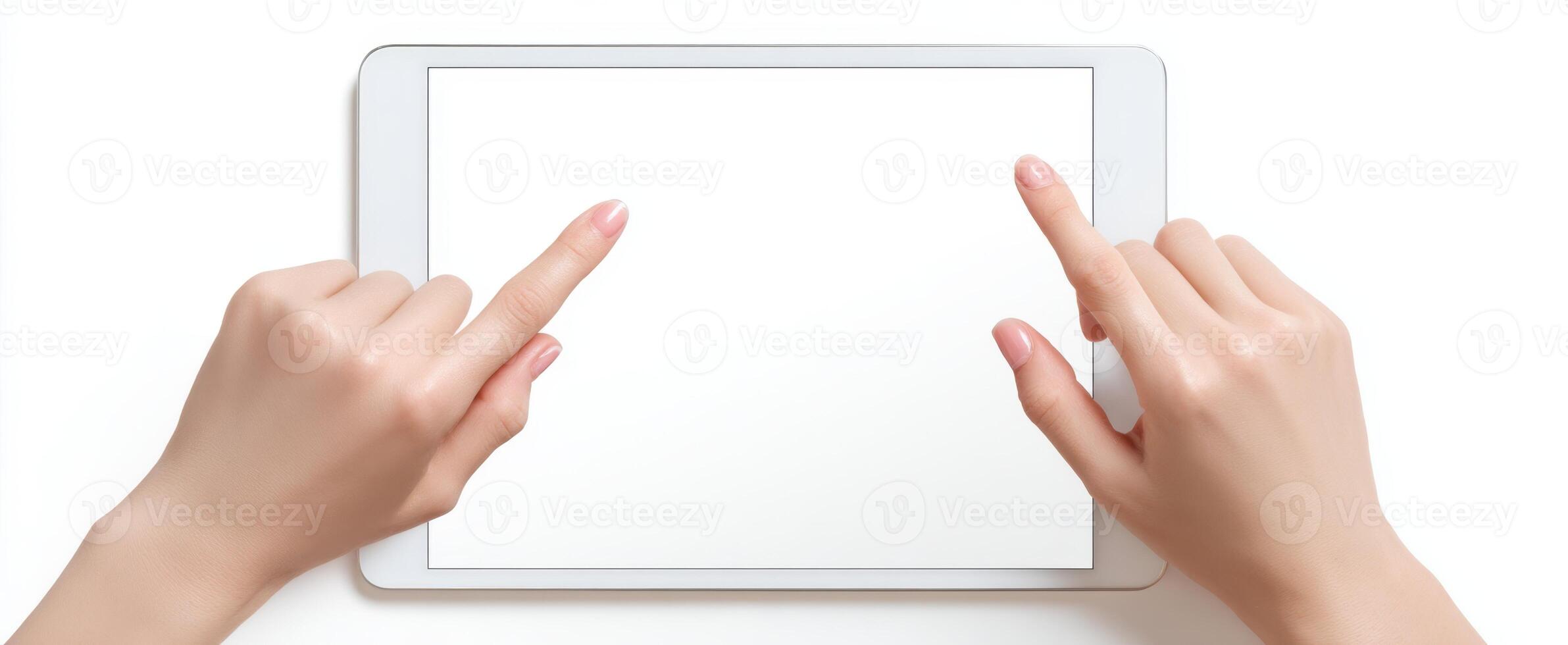 The hands interacting with a blank tablet screen on a white surface. photo