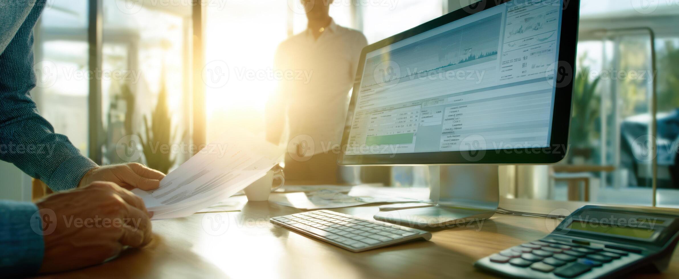 The professional workspace featuring computer and documents illuminated by sunlight. photo