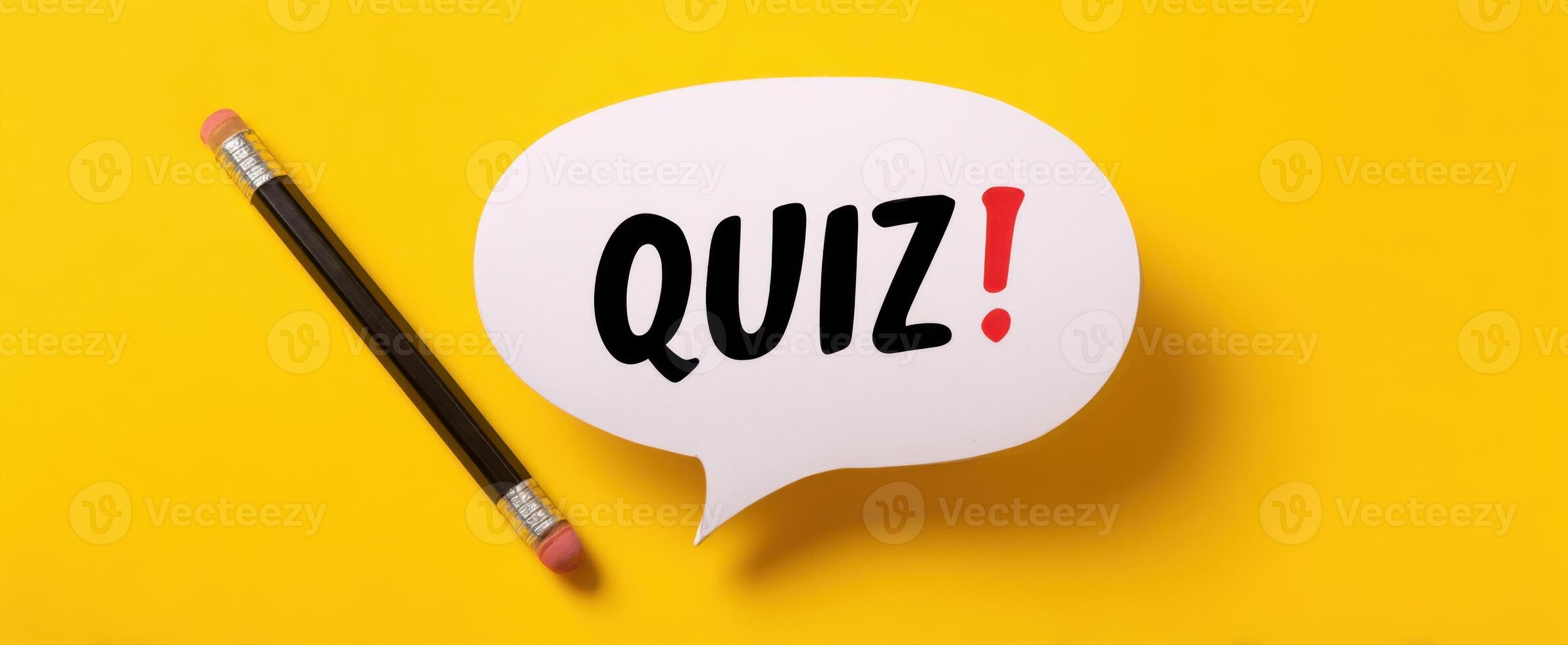 The Quiz Concept with a Creative Speech Bubble and Pencil on Yellow Background photo