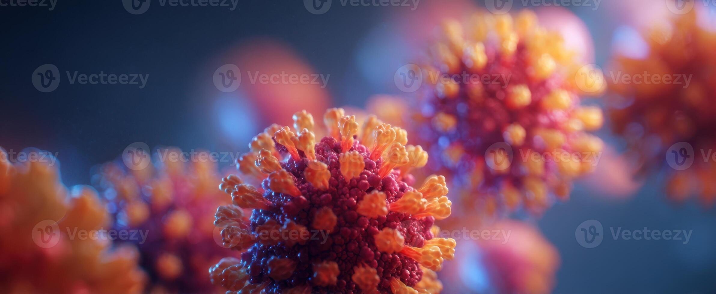The stunning close-up of a colorful virus under a microscope. photo