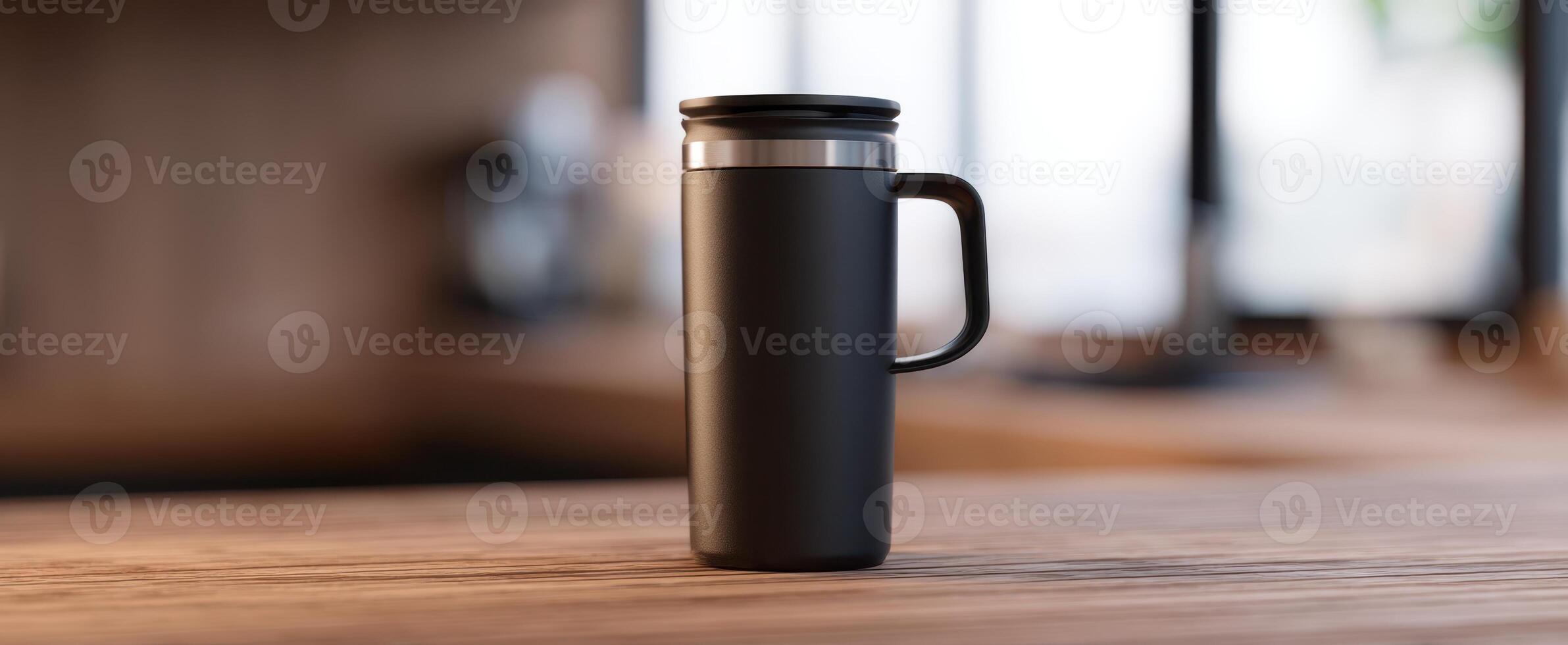The sleek black coffee mug standing on a wooden table in a modern workspace. photo