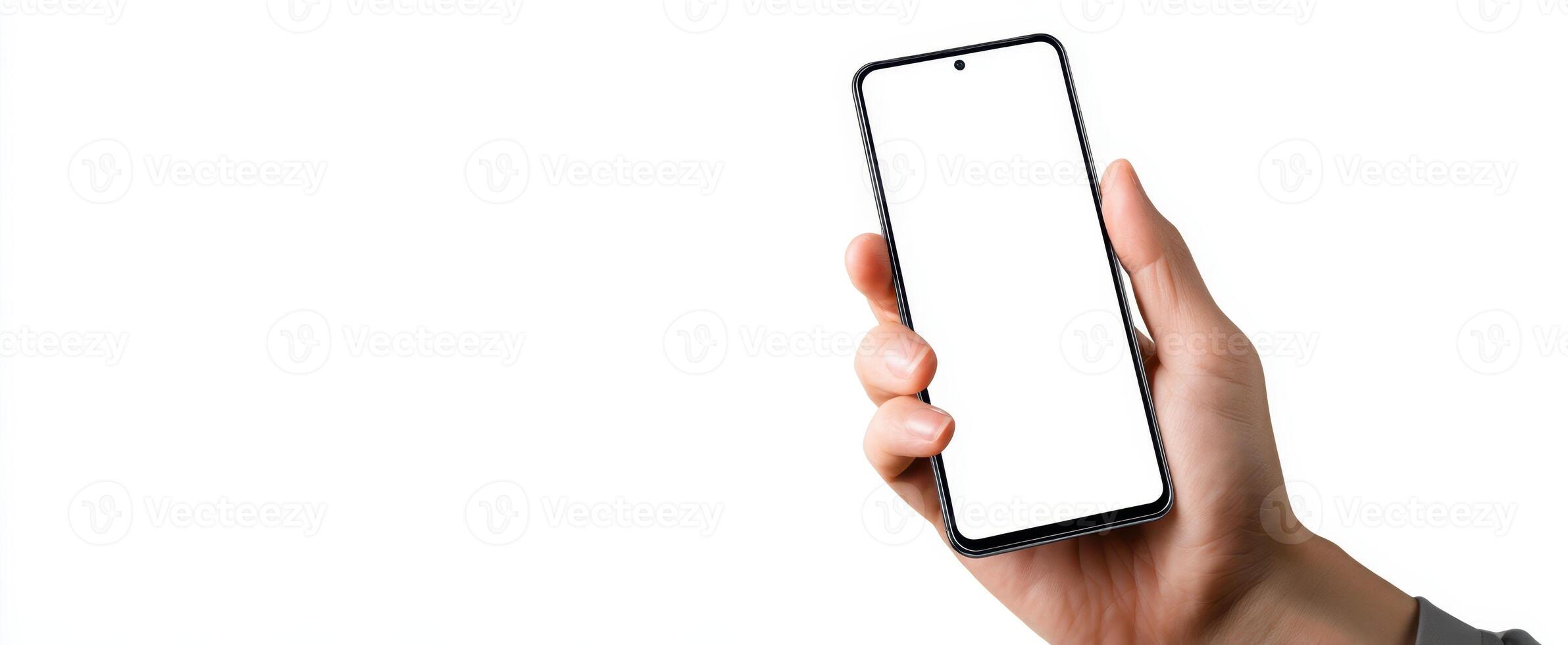 The hand holding a smartphone with a blank screen for customization. photo