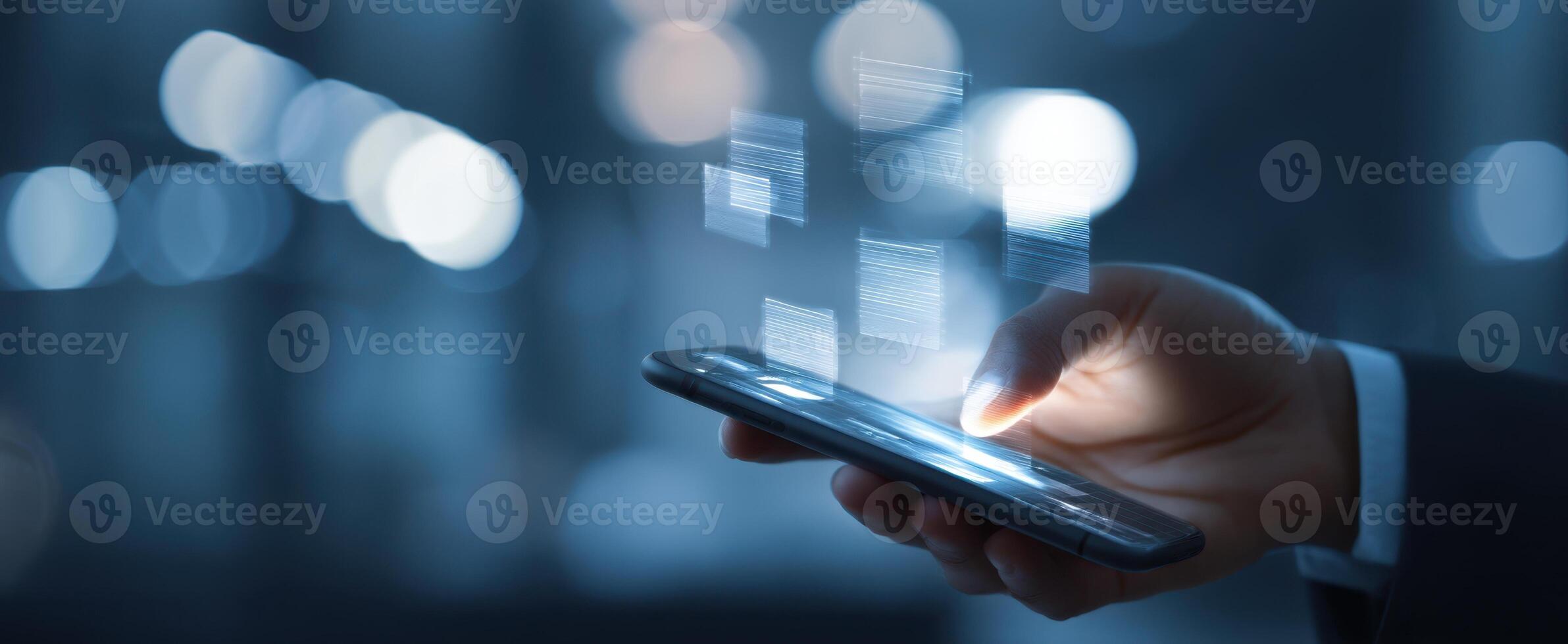 The smartphone displaying digital information in a modern, futuristic setting. photo