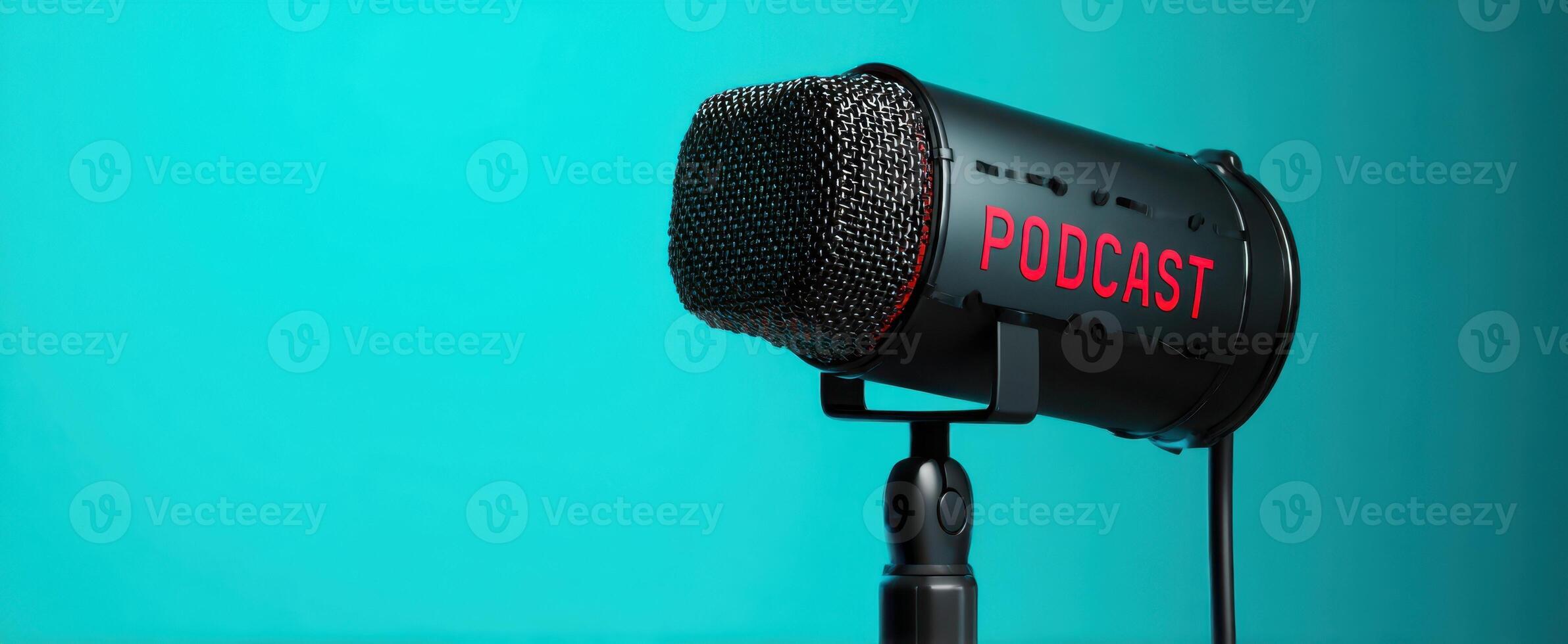 The podcast microphone capturing voices in a vibrant studio setting. photo