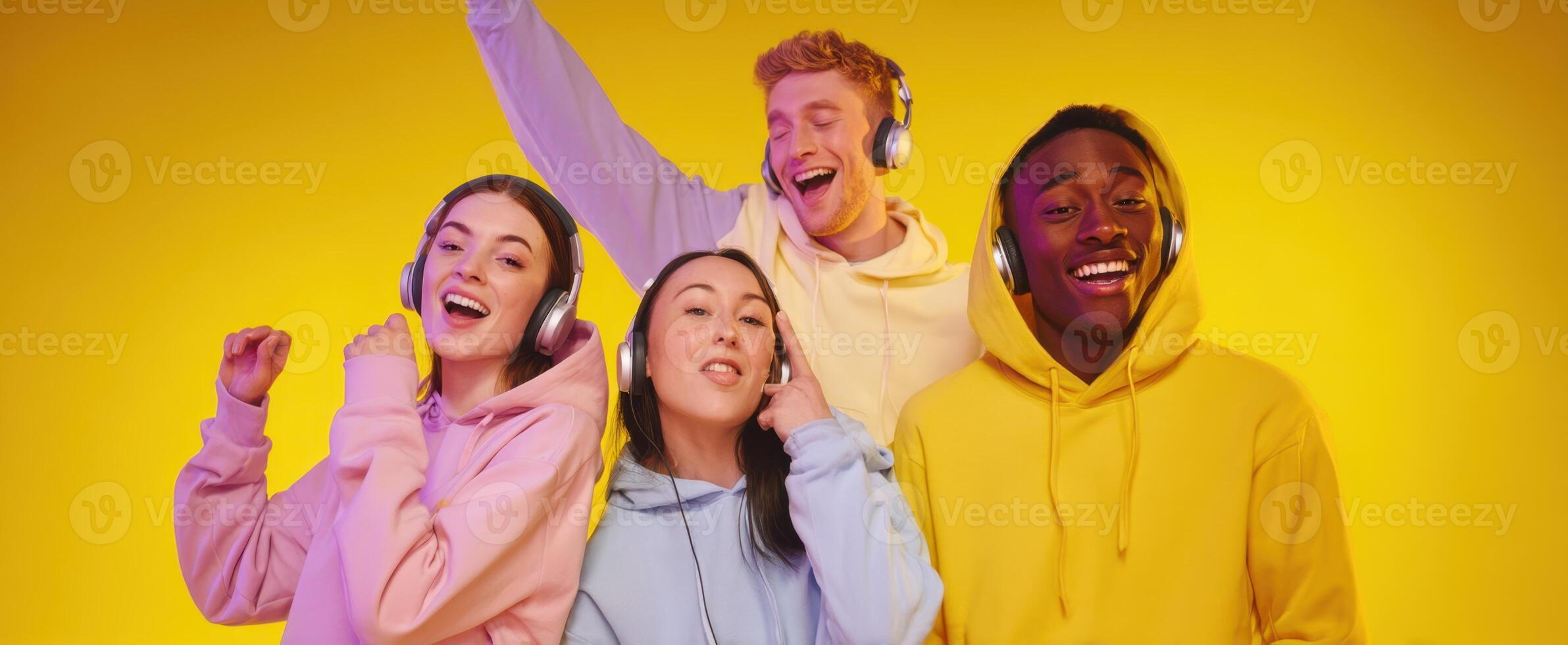 The joyful group of friends enjoying music with colorful headphones against a vibrant backdrop. photo
