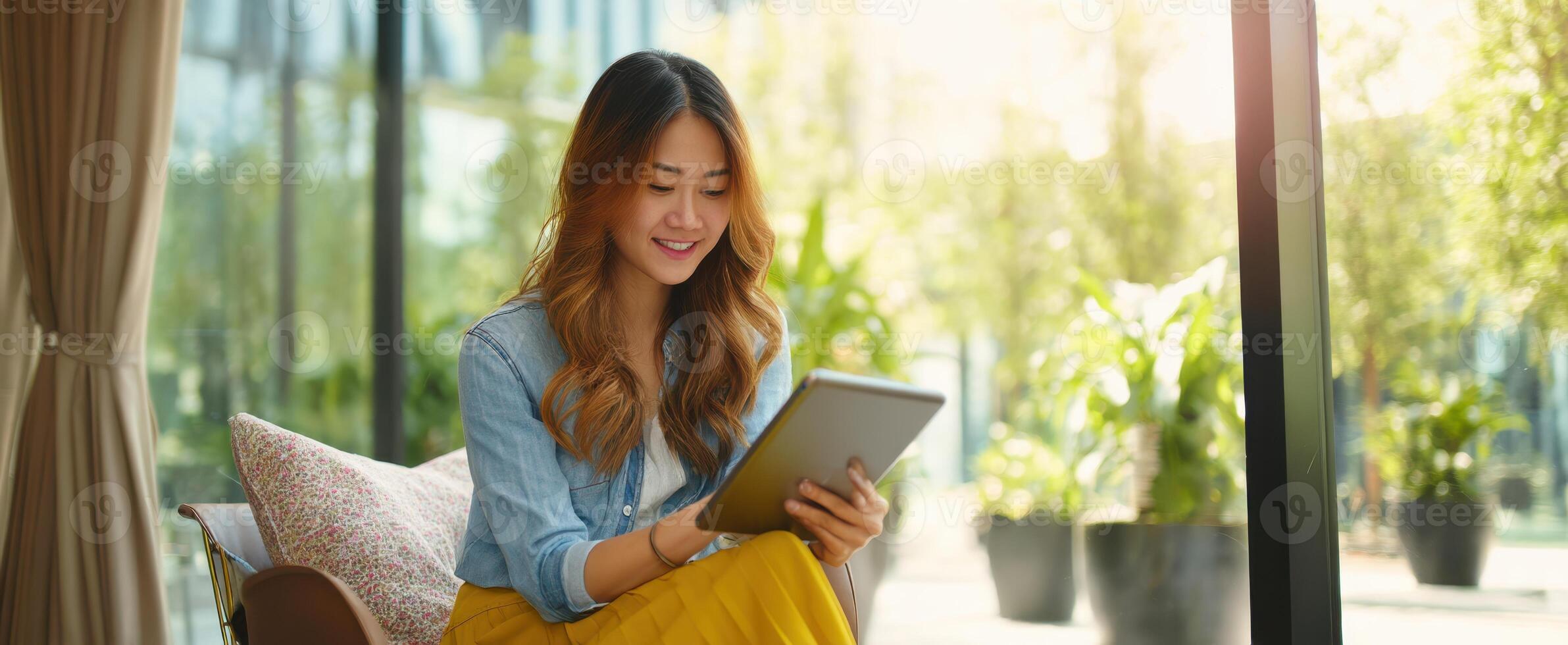 The woman enjoying her tablet in a sunlit indoor garden setting. photo