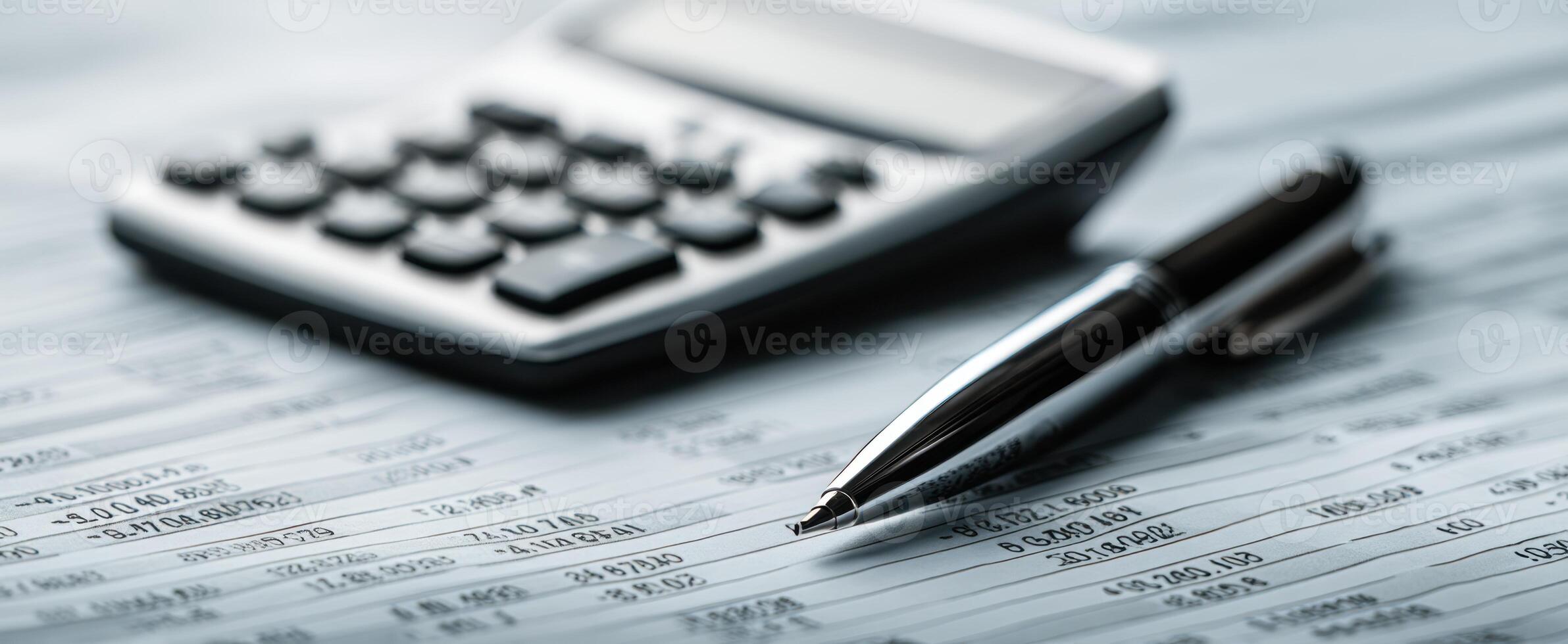 The calculator and pen resting on financial documents for analysis photo