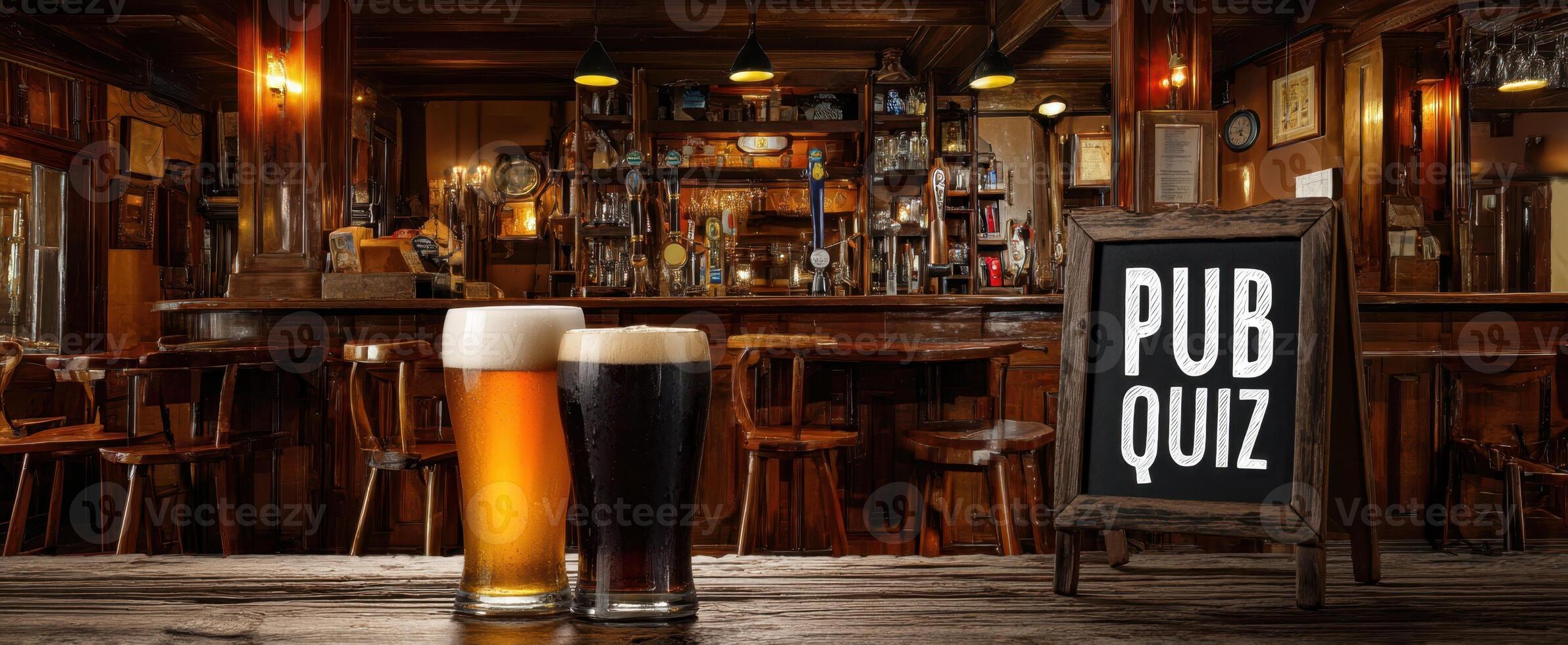 The inviting pub quiz scene with glasses of beer on a wooden table. photo