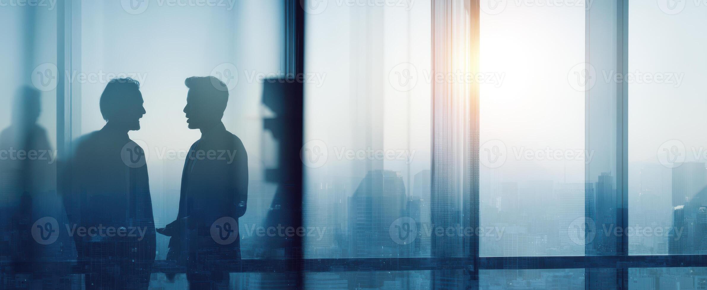 The men discussing business ideas against a city skyline through a glass window. photo