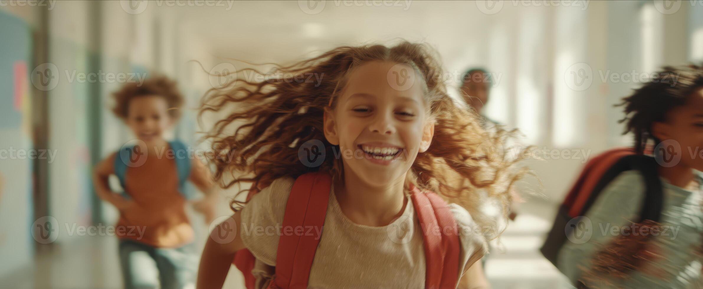 The joyful children running in a school hallway with bright smiles and energy. photo