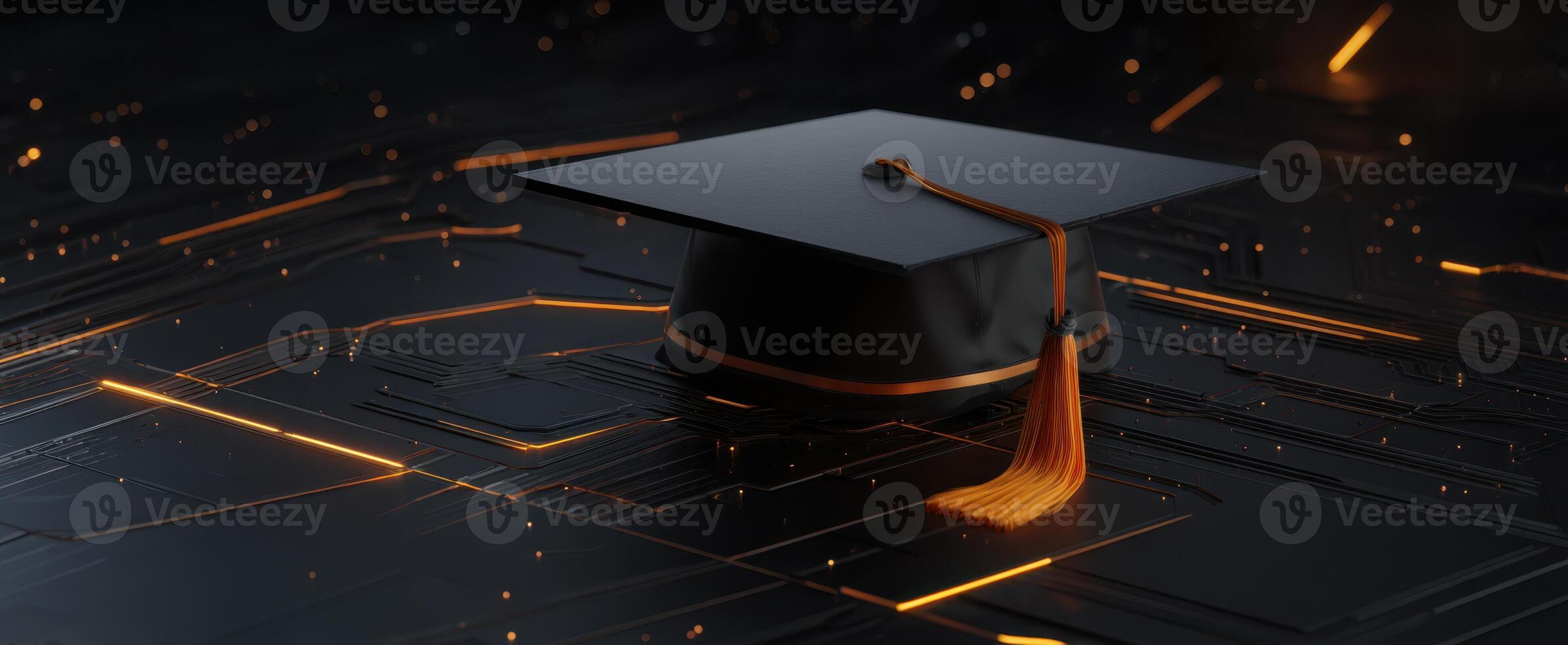 The graduation cap standing out on a futuristic technology background. photo