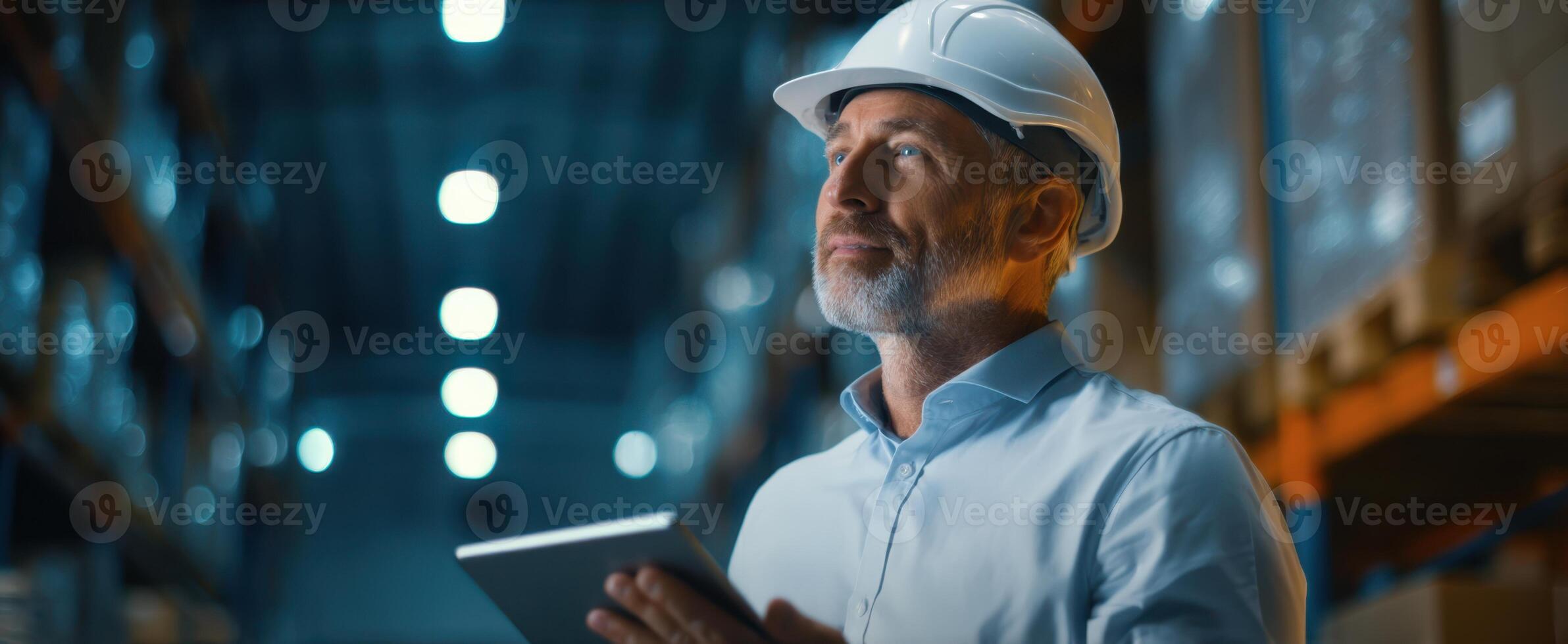 The thoughtful warehouse manager assessing logistics with a tablet in hand. photo