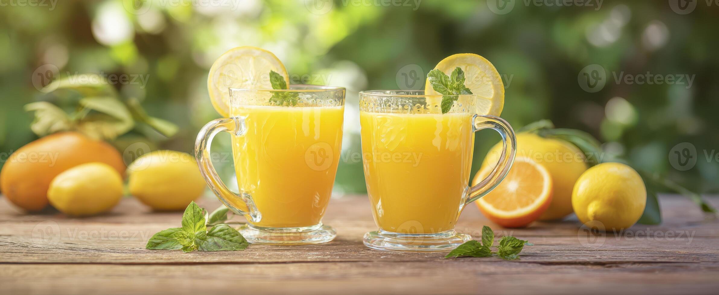 The refreshing lemonade drinks garnished with mint and lemon slices. photo
