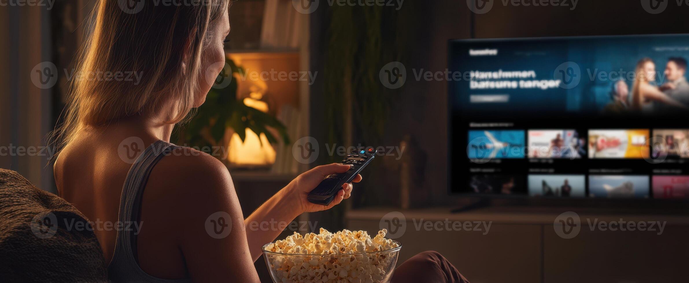 The woman enjoying popcorn while watching a movie on her TV at home. photo