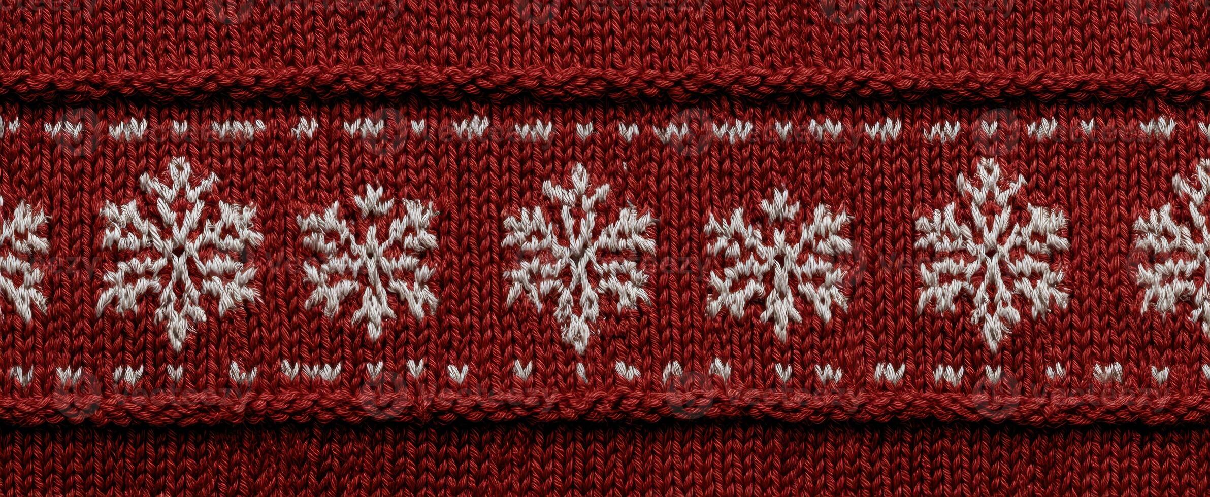 The vibrant knit fabric featuring intricate snowflake designs in red and white. photo