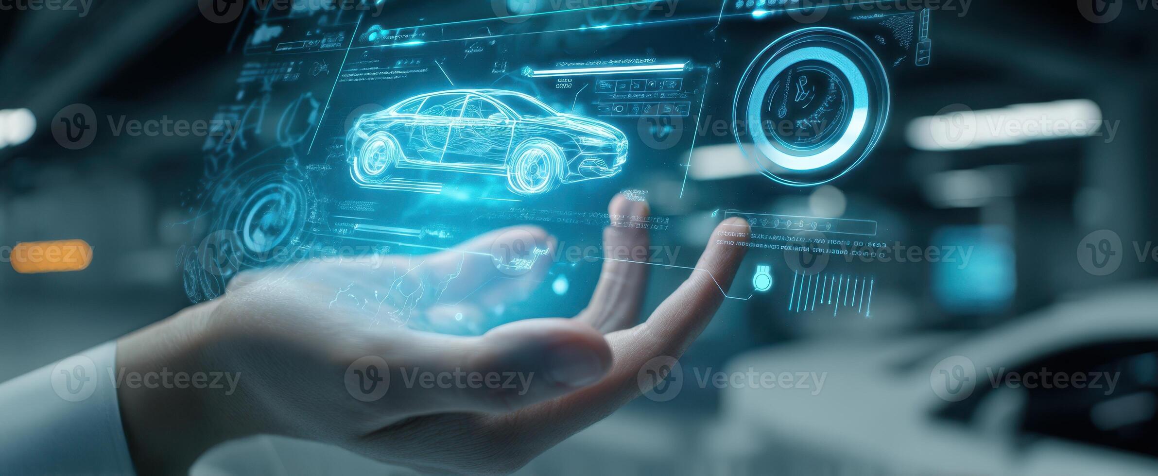 The futuristic car hologram displayed in a hand showcasing advanced technology. photo