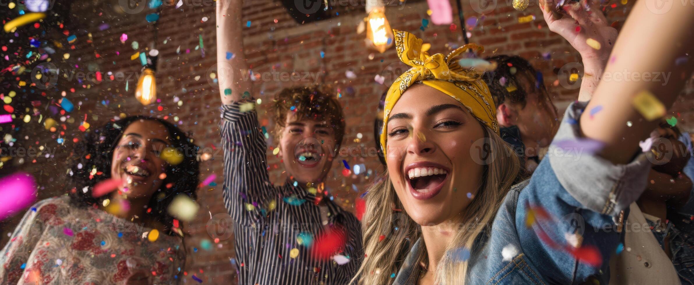 The joyful group celebrating with colorful confetti in a lively indoor setting. photo