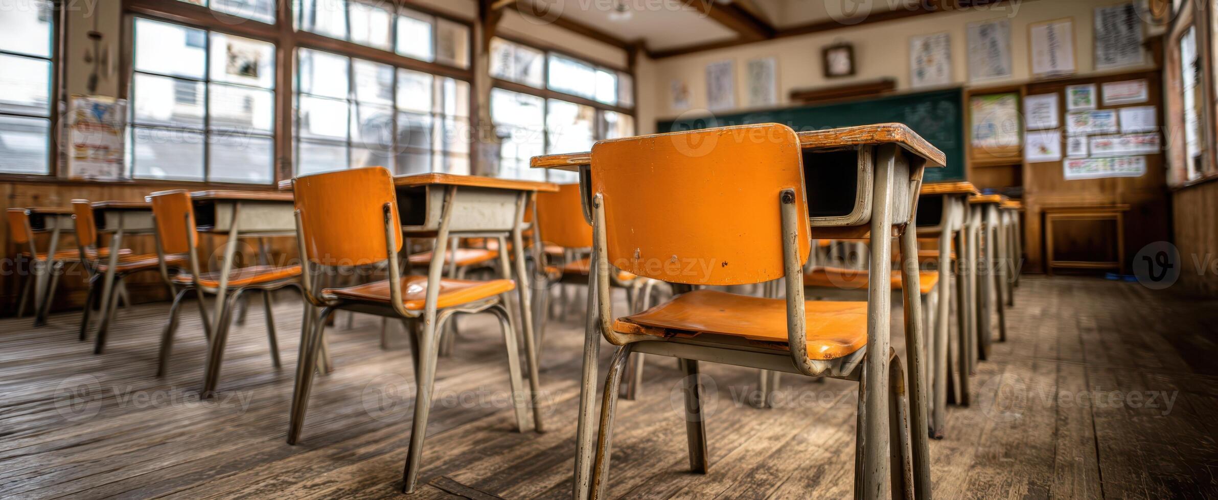 The empty classroom with orange desks and bright natural light. photo