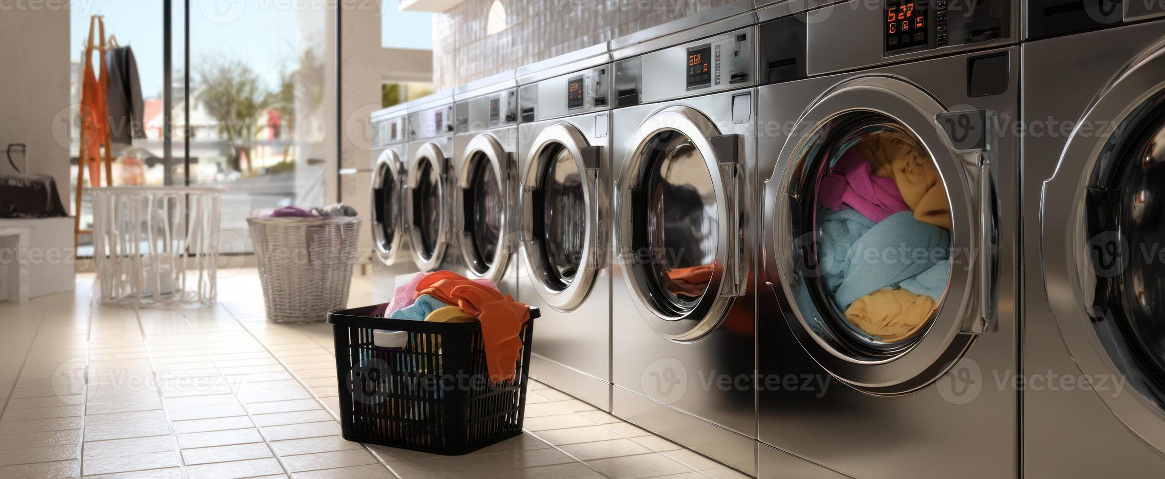 The bright and modern laundry facility with colorful clothing in washing machines. photo