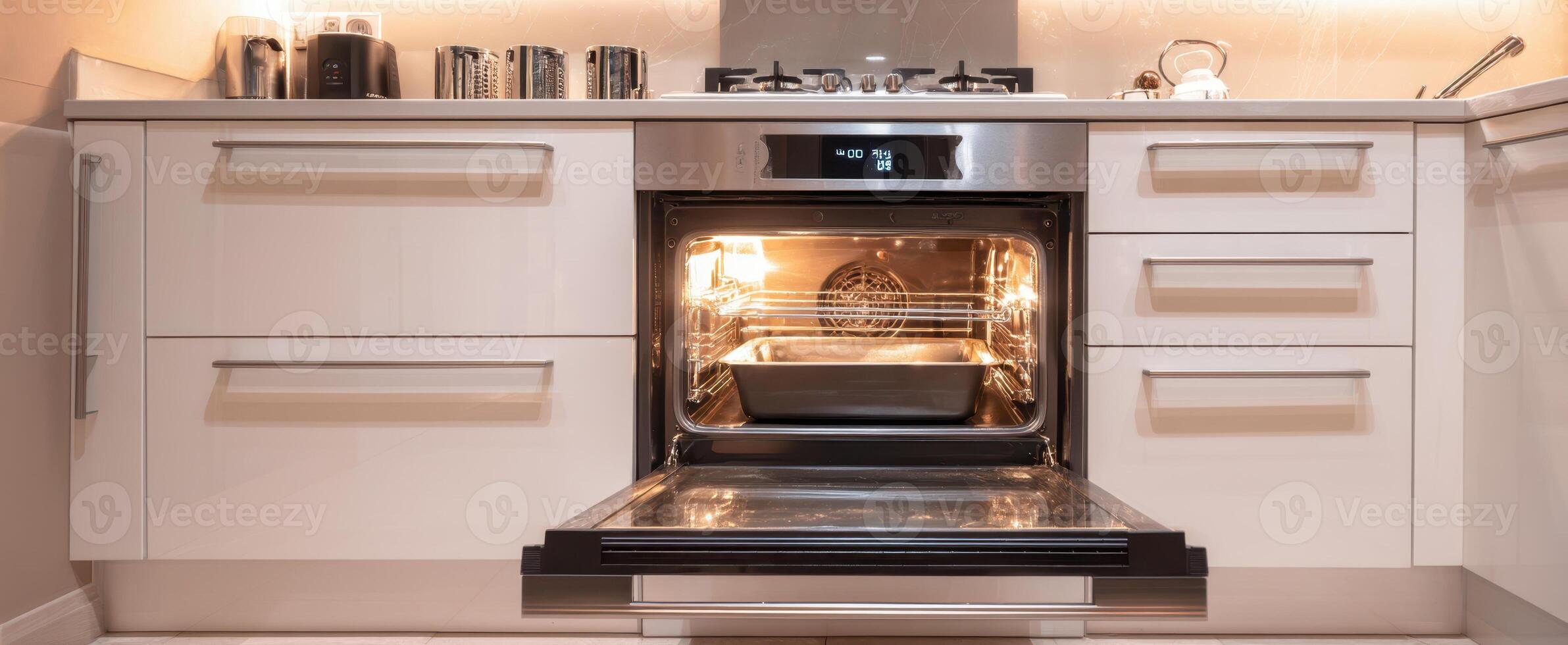 The modern kitchen with a stylish oven and elegant interior design. photo