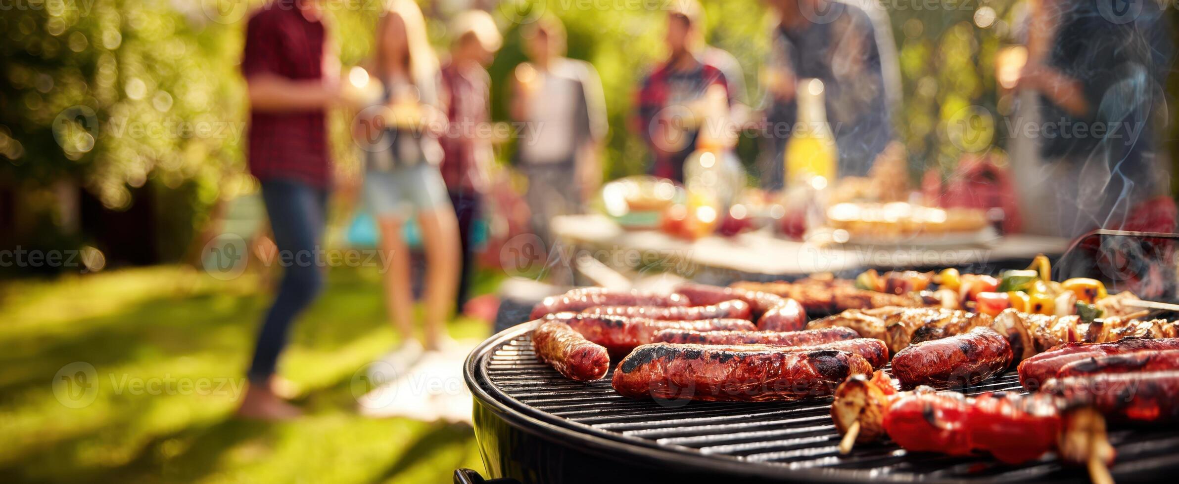 The vibrant barbecue scene featuring sausages sizzling on the grill. photo