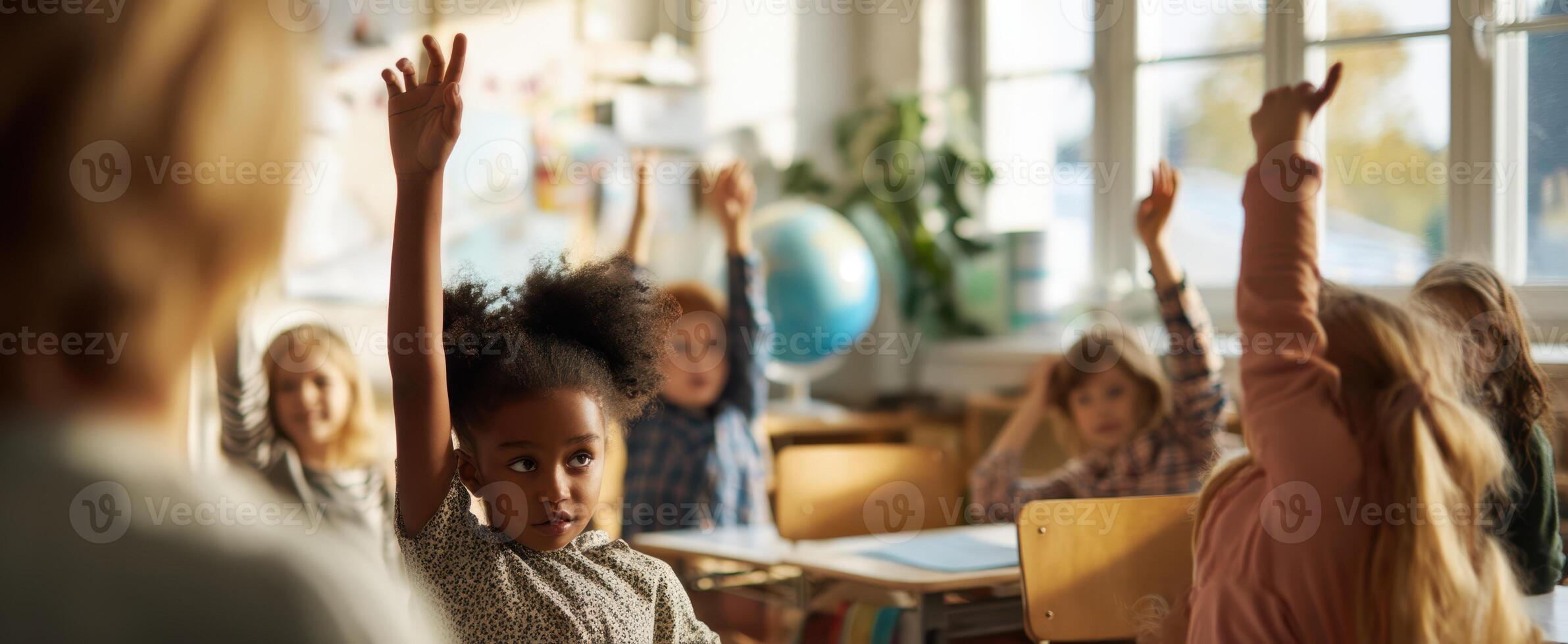 The eager children raising hands in a vibrant classroom setting. photo