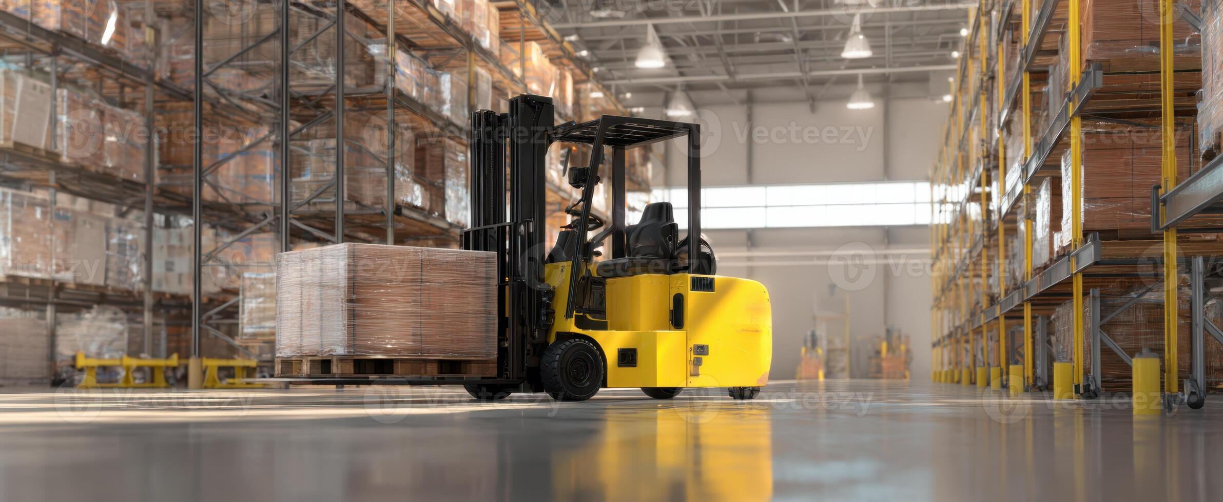 The yellow forklift operating in a busy warehouse environment. photo