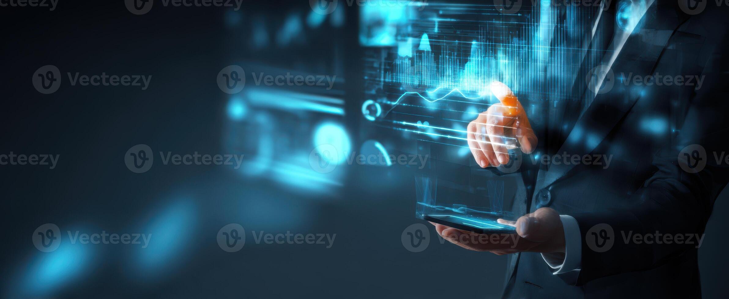The businessman interacting with digital graphs and analytics using a smartphone. photo