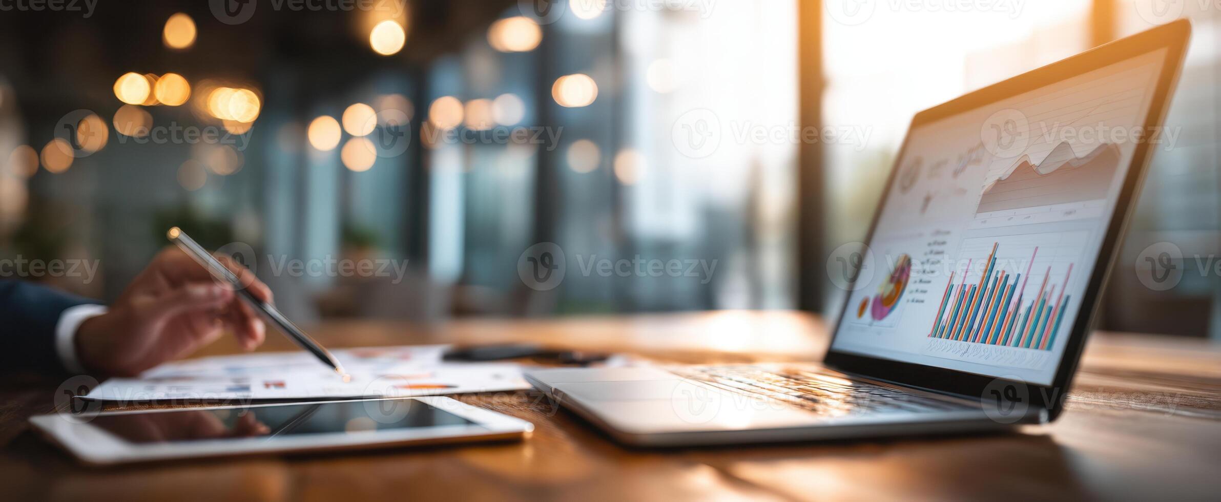 The laptop displaying analytical charts in a modern workspace setting. photo