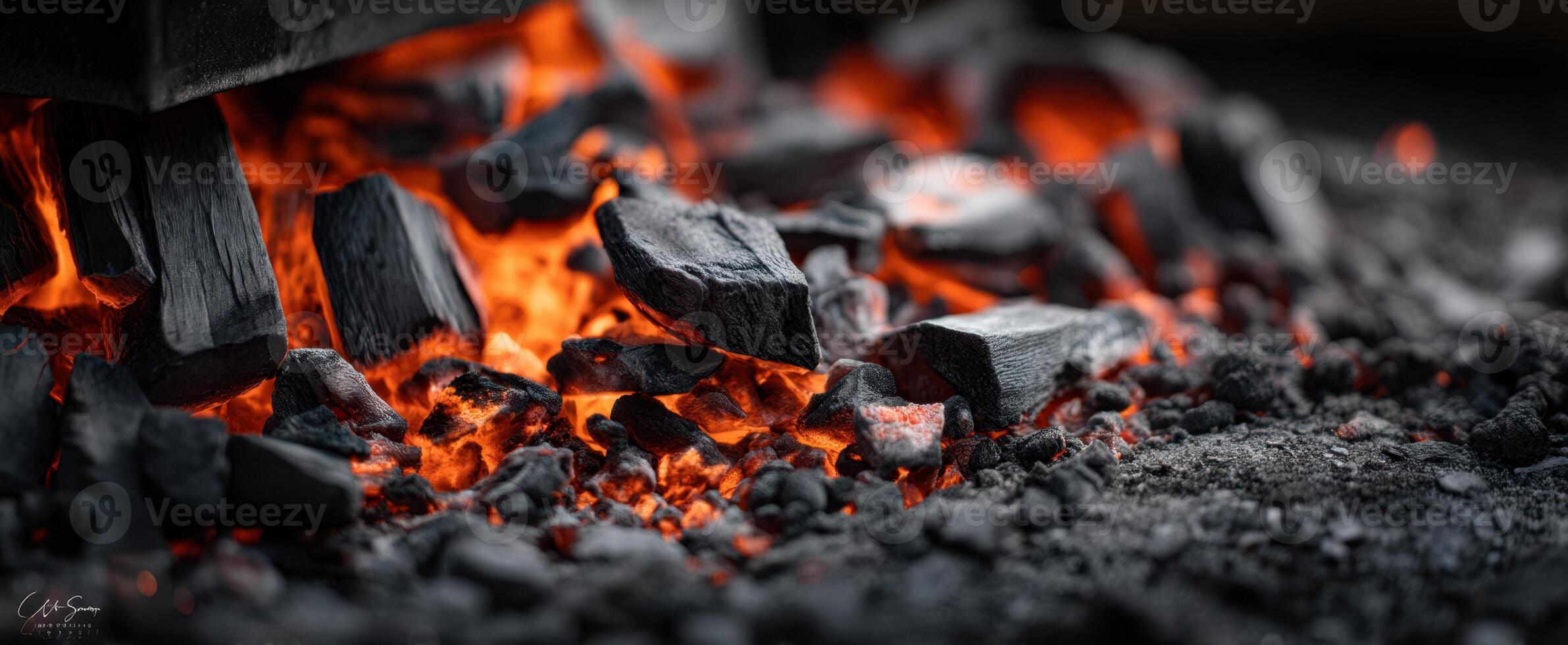 The glowing embers of burning charcoal in a rustic outdoor setting. photo