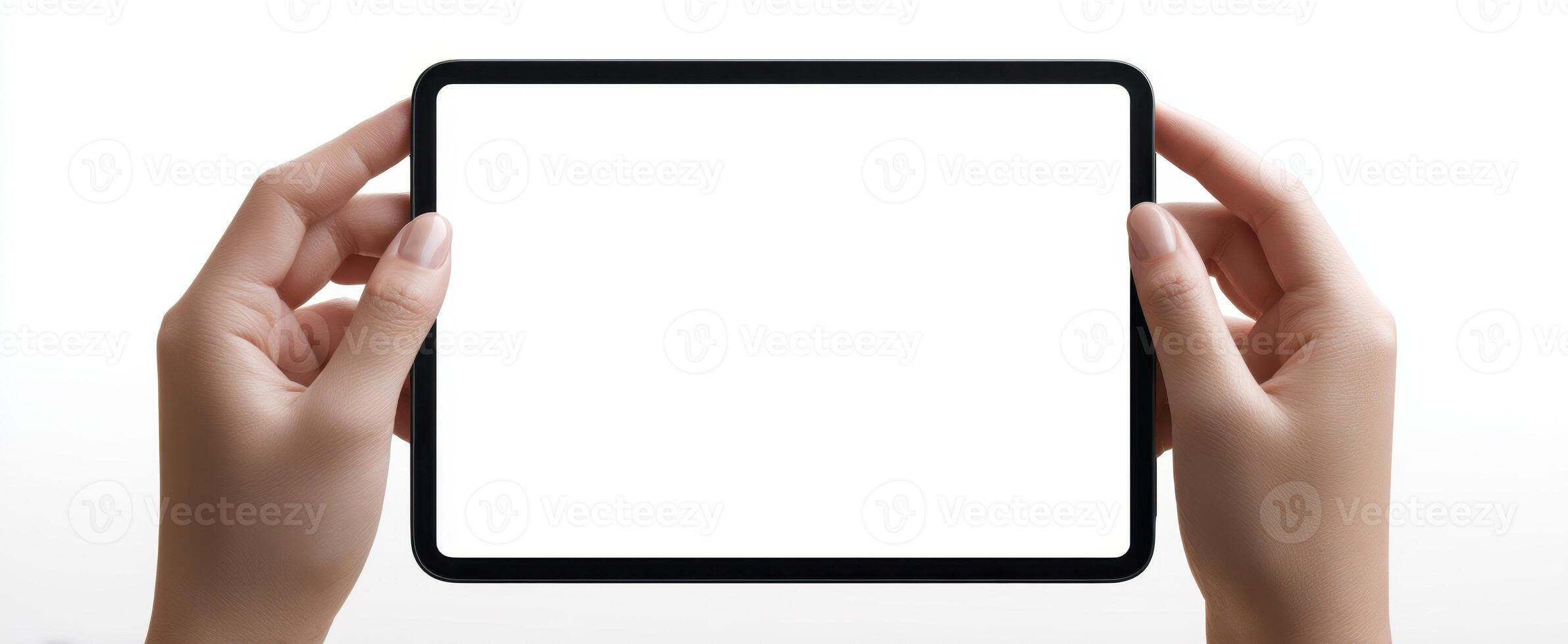 The hands presenting a blank tablet ready for design opportunities photo