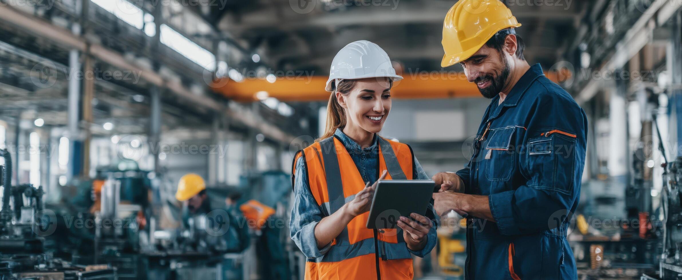 The collaborative teamwork of industrial workers using technology in a factory environment. photo