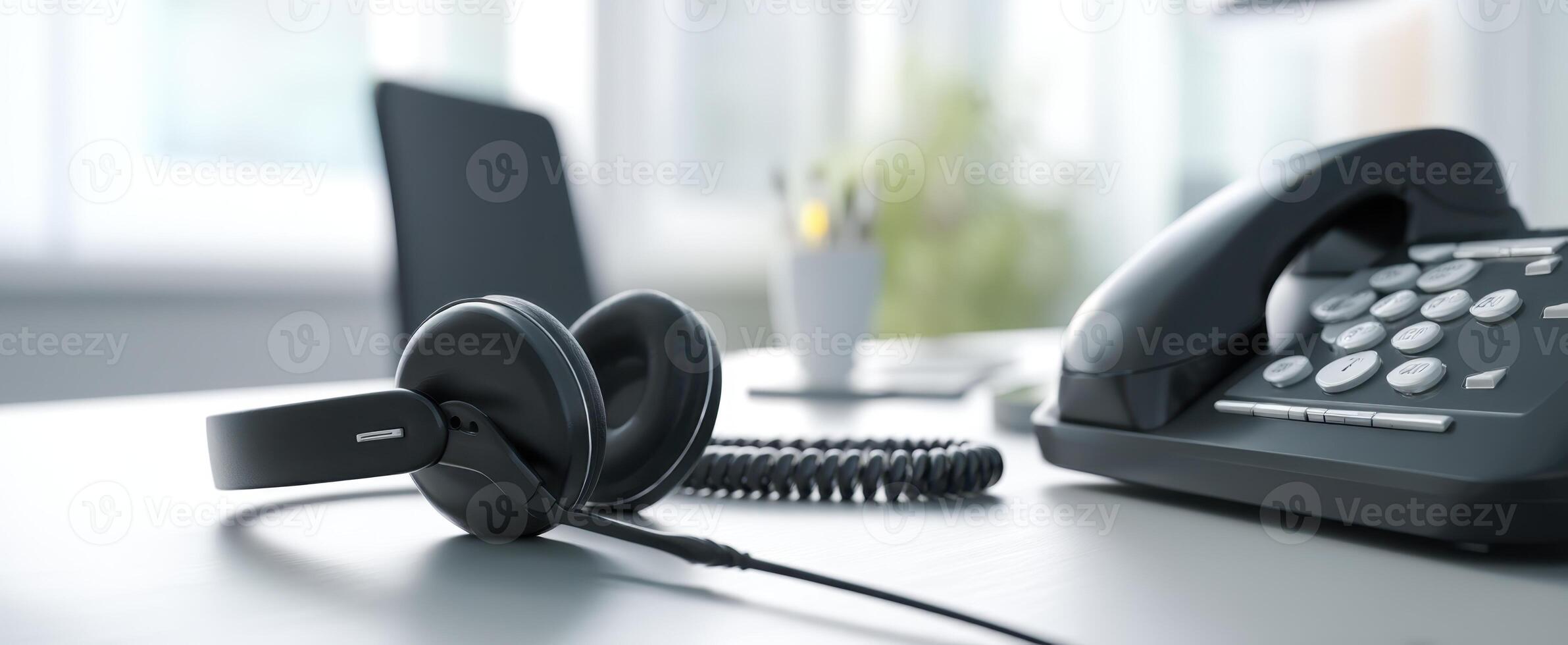 The modern headset and telephone on a sleek office desk for effective communication. photo