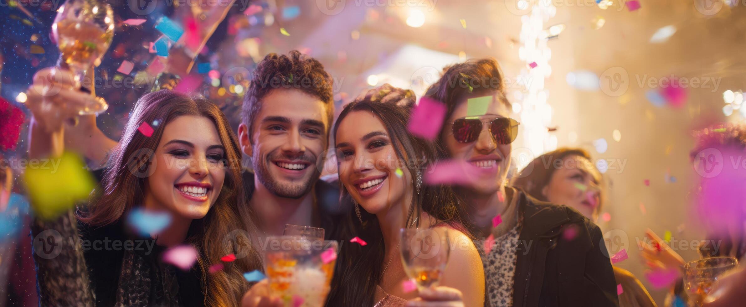 The joyful group celebrating with drinks amidst a vibrant party atmosphere. photo