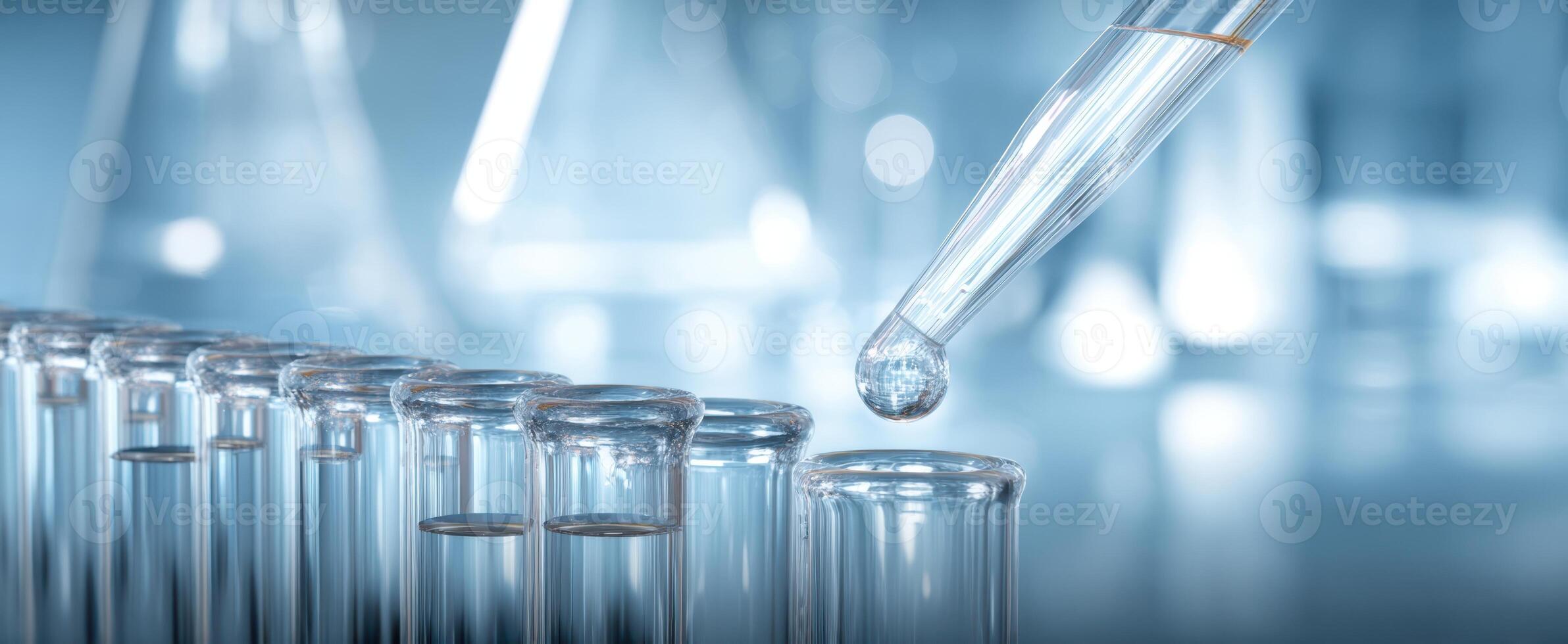 The pipette delivering a precise drop into a test tube in a laboratory setting. photo