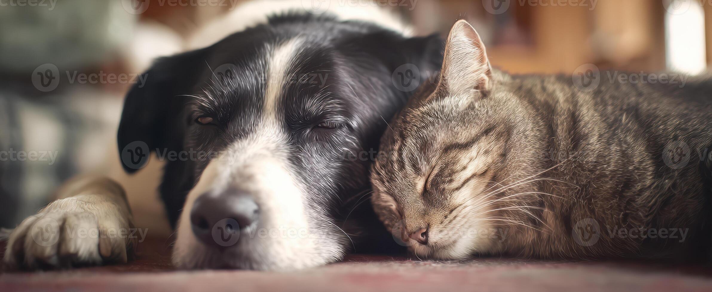 The dog and cat peacefully sleeping together in a warm domestic setting photo