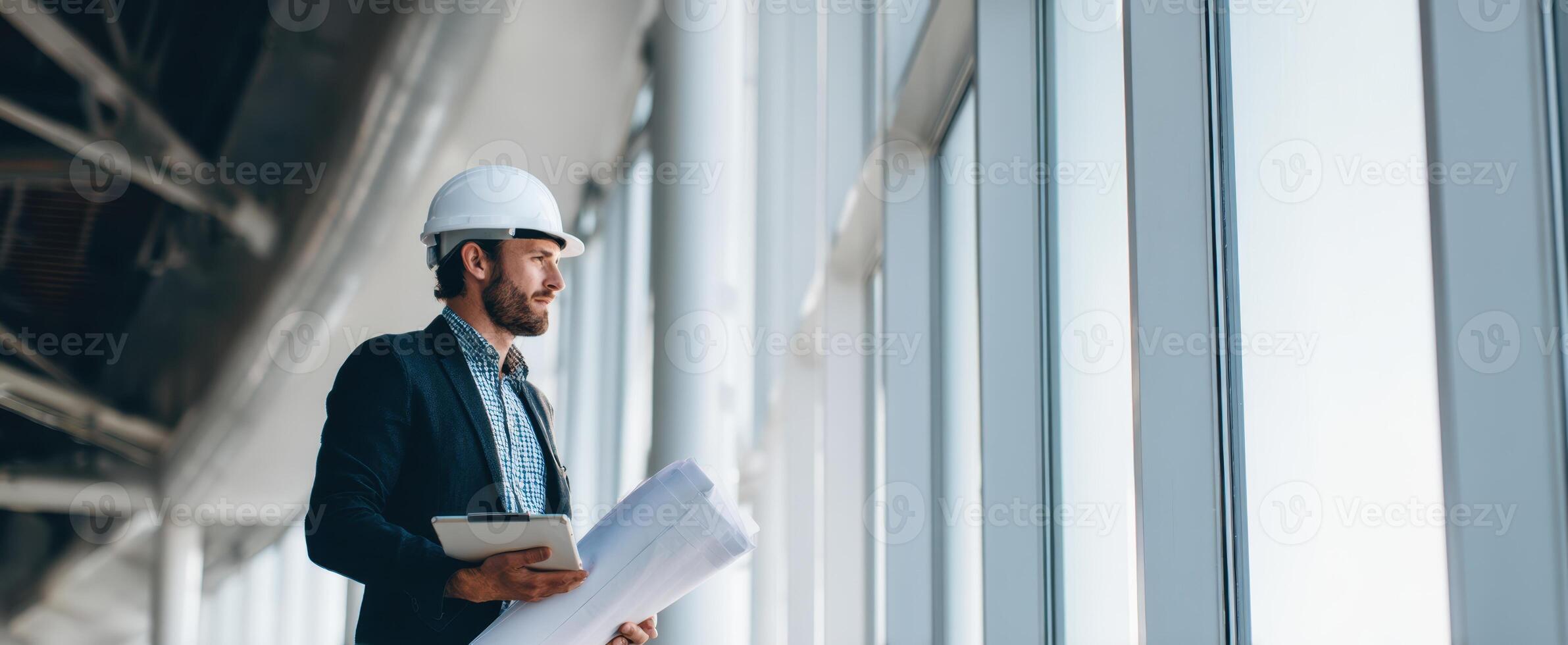 The architect reviewing blueprints inside a modern construction site with natural light. photo