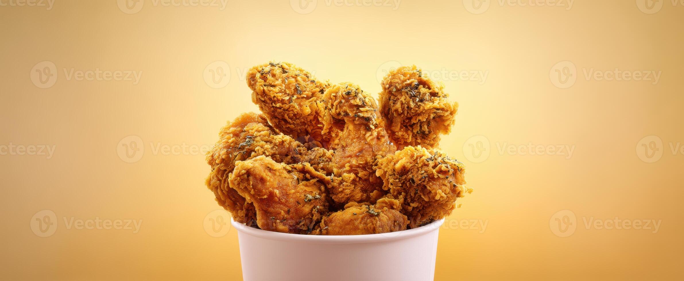 The golden fried chicken wings piled high in a white container. photo
