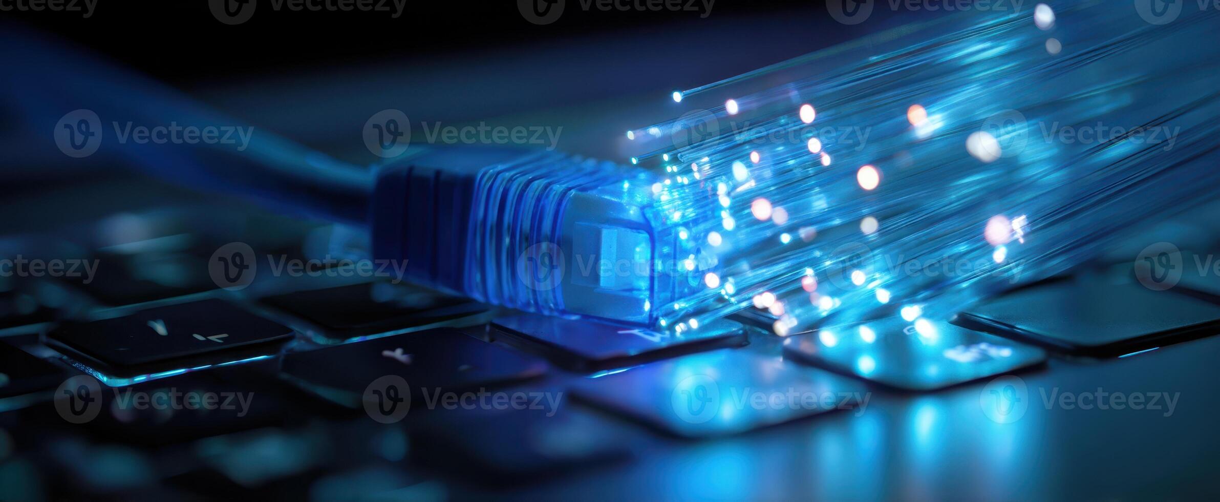 The glowing fiber optic cable connected to a modern keyboard. photo