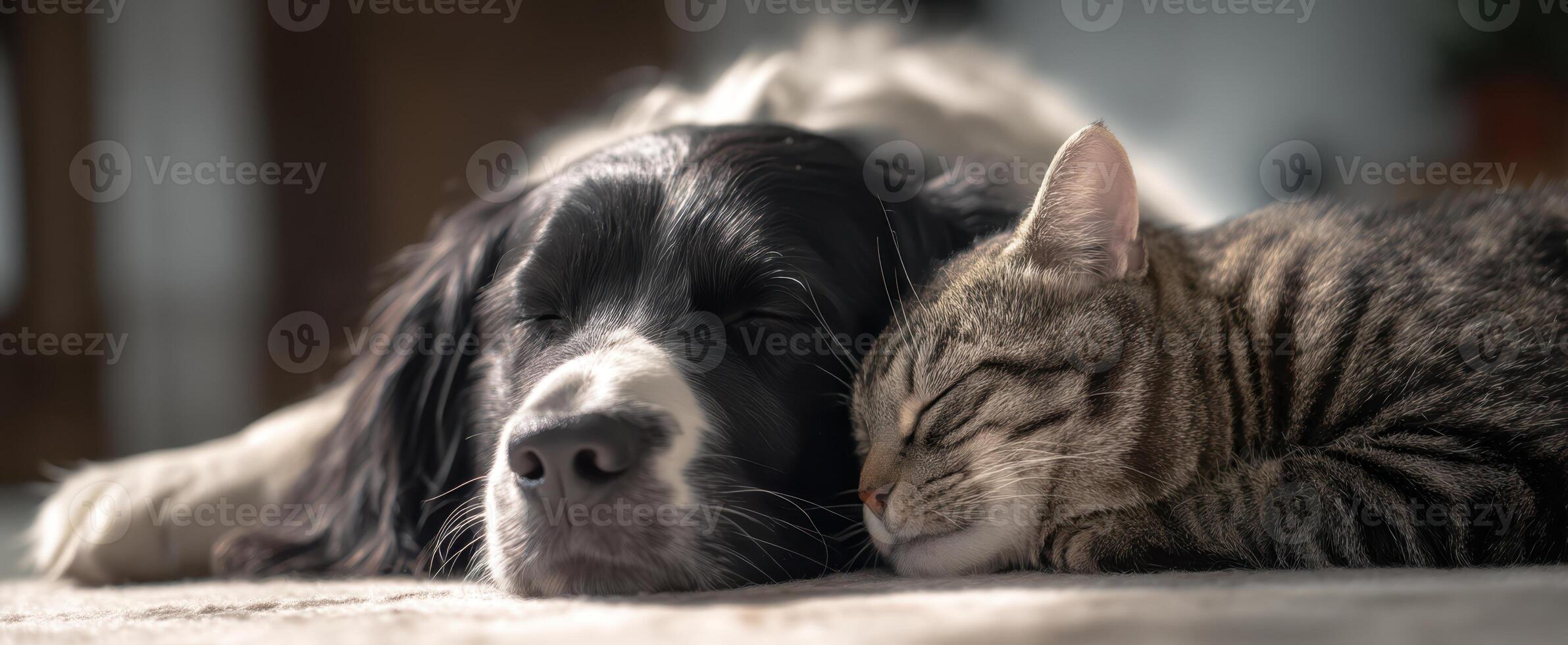 The peaceful connection between a dog and a cat sleeping together. photo